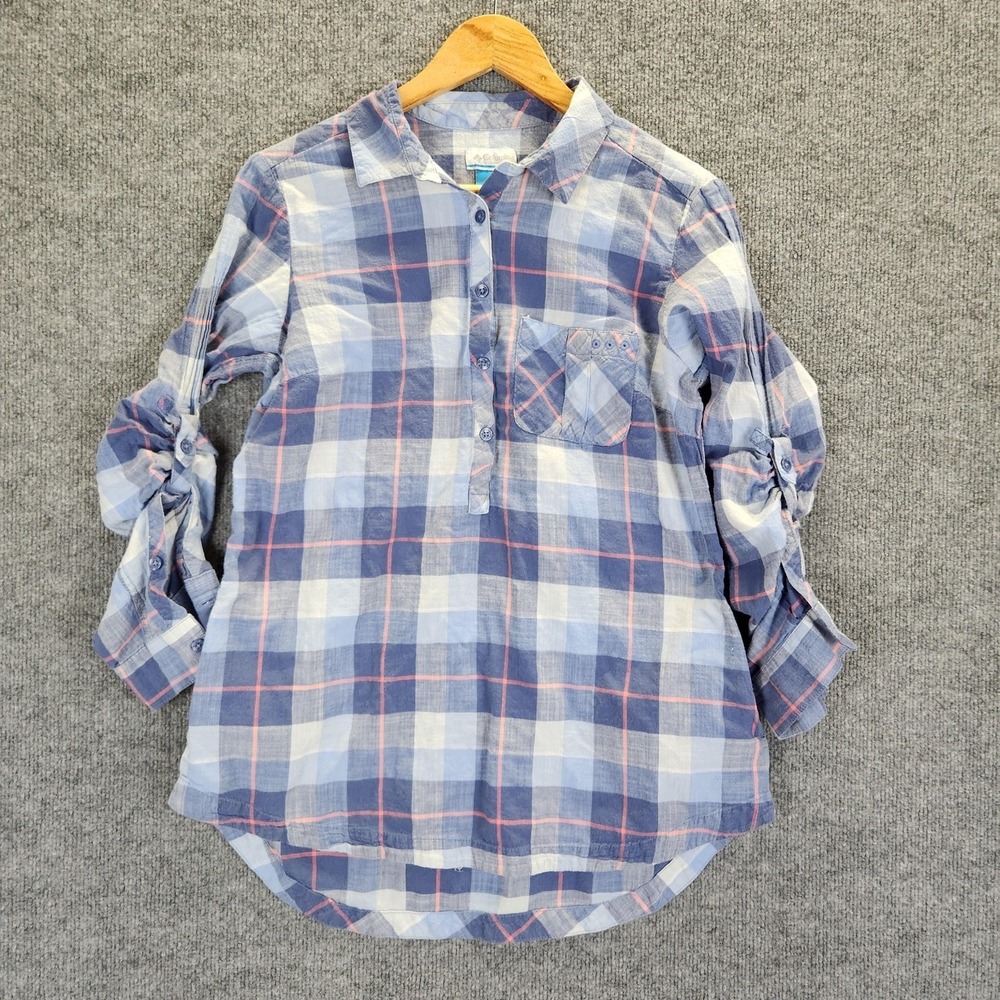Columbia PFG Shirt Womens Large Blue Plaid Roll Tab Sleeve Henley Fishing Tunic